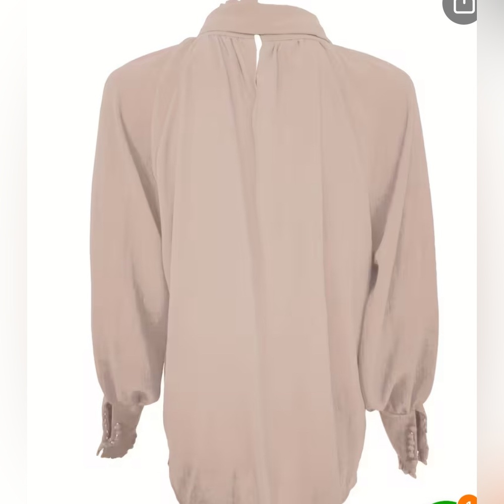 New Tan Long Sleeve Blouse with Tie Front and Mock Ruffle Collar - Picture 5 of 7